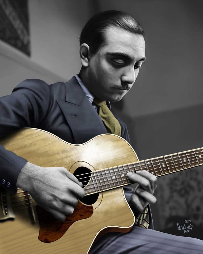 Django Reinhardt, 1933, plays the guitar Siro & Gino (Siro Burgassi and Gino Papiri). Portrait of the artist paulkingart.com