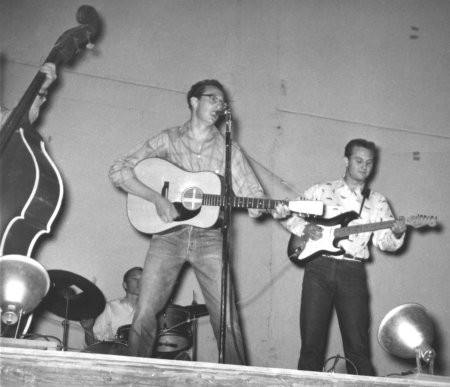 Don Guess, Jerry Allison, Buddy Holly, Sonny Curtis open the performance of Elvis, Lubbock, Texas, April 10, 1956
