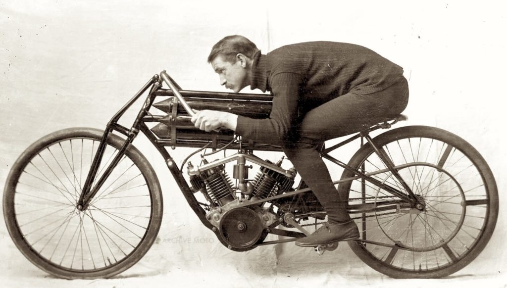 Glenn Hammond Curtiss on a 1903 Hercules V-Twin motorcycle.