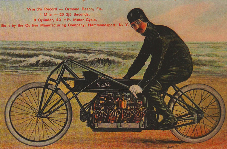 A flashed souvenir card, a tambnail for an article about a Curtiss V-8 motorcycle.